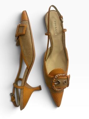 Prada Women’s Pointed Toe Slingback Kitten Heel Embellished Buckle Tan size 42